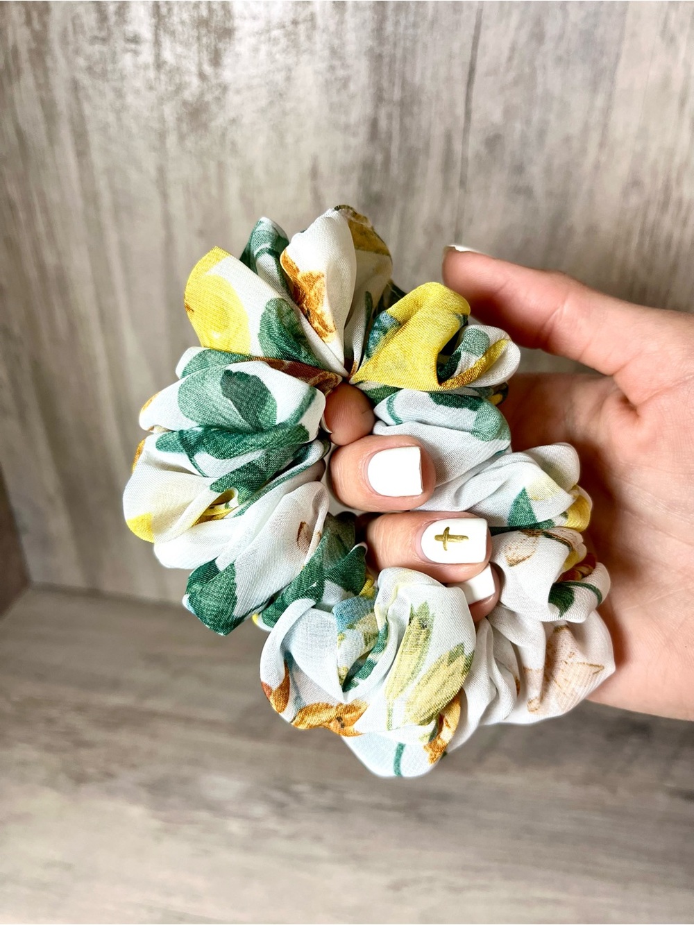 Chiffon Floral Scrunchie White Yellow Flowers OOAK Handmade Single O/S